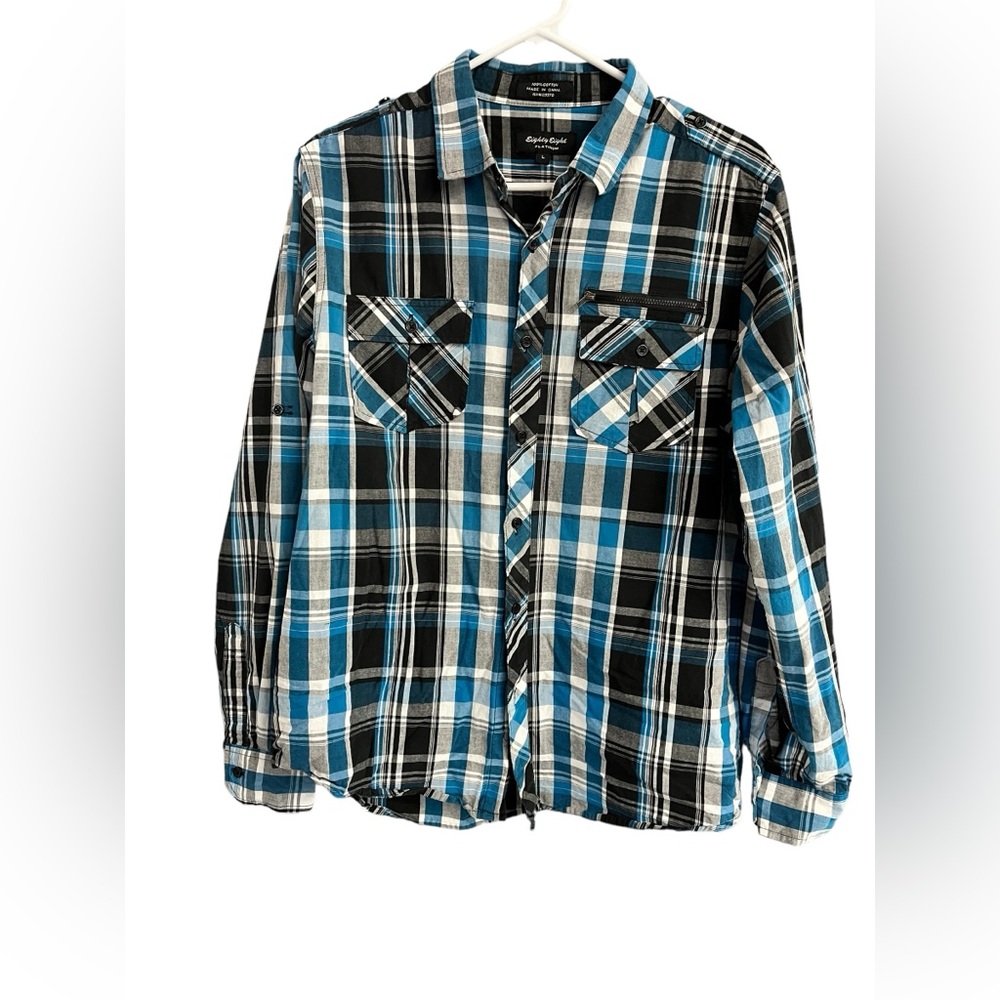 Eighty Eight Blue and Black Plaid Casual Button Down Shirt